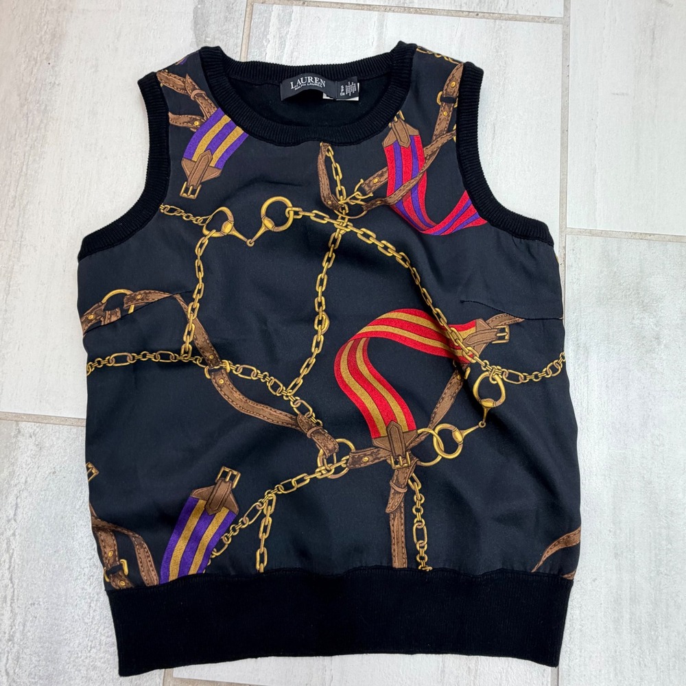 Lauren Ralph Lauren Black Equestrian Belting-Print Twill Jersey Tank Top Chain S